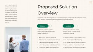 Proposed solution overview slide with two solution sections, bullet points, and a collaborative whiteboard discussion image in a clean layout.