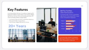 Startup pitch slide showcasing key features with text highlights, bar chart visualization, team workspace images, and a clean modern layout.