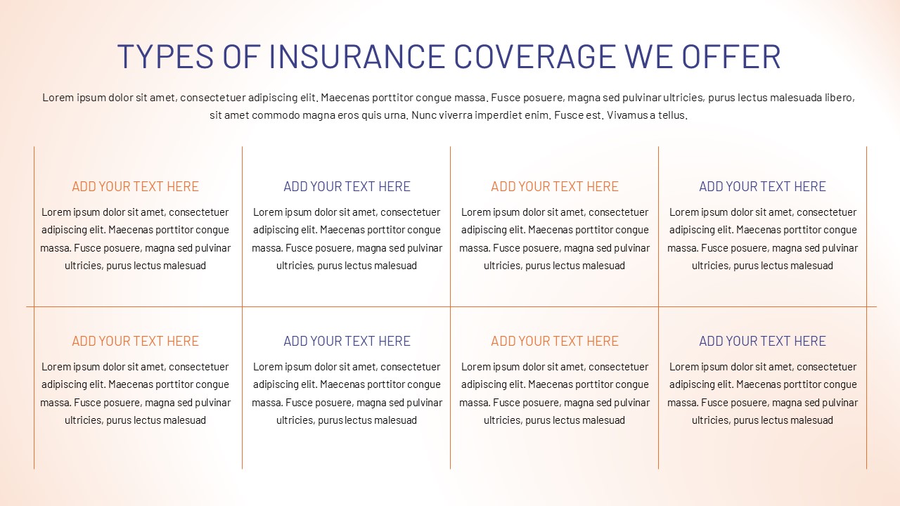 Insurance coverage slide with eight structured content blocks arranged in a grid layout, highlighting different insurance types with headings and descriptive text.
