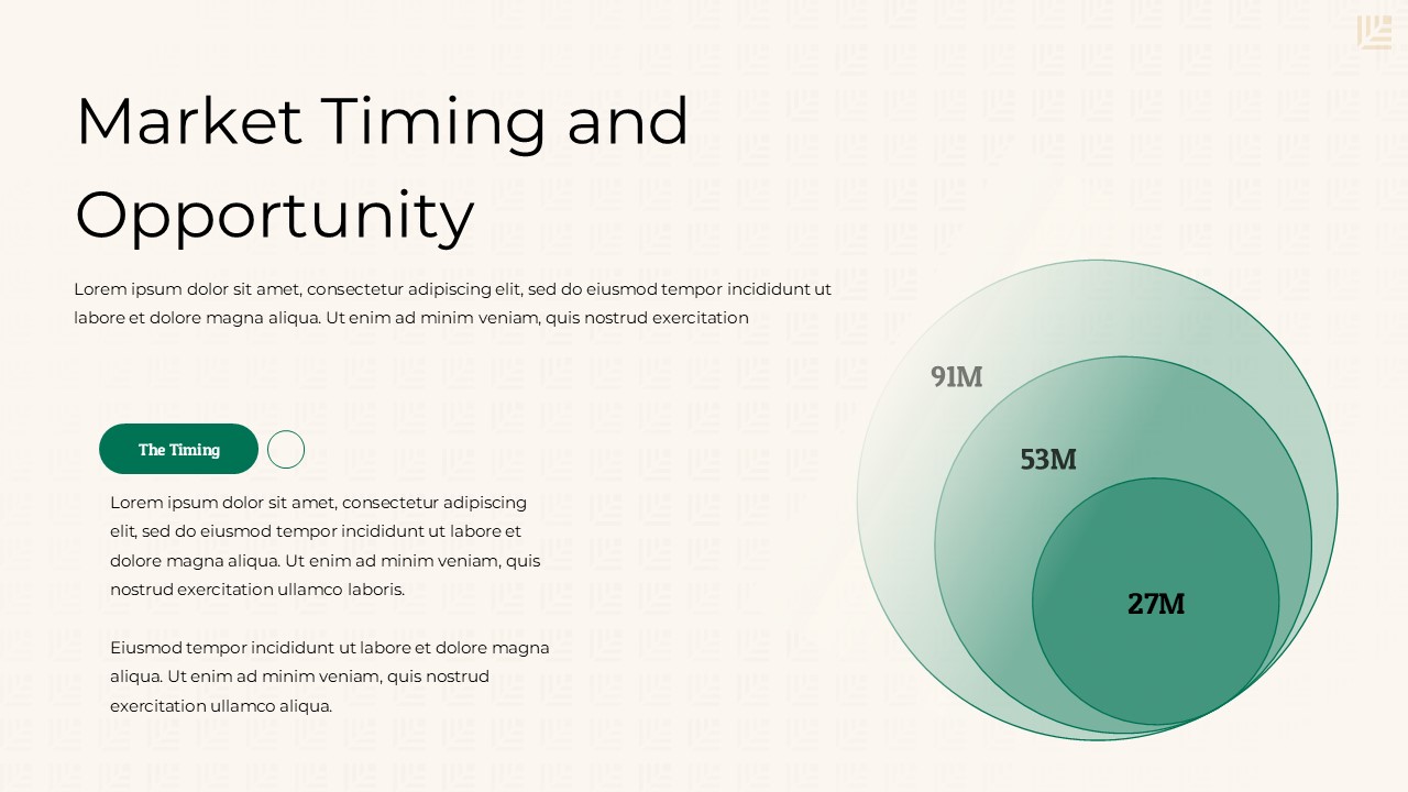 Market timing and opportunity slide with concentric circle market size chart, timing section text, and clean minimalist pitch deck layout.
