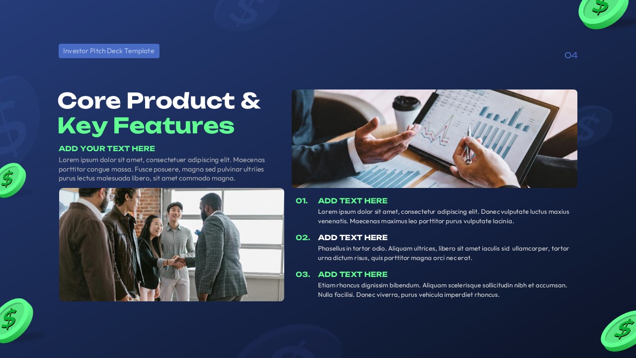 Investor pitch deck slide featuring core product and key features with charts, team discussion imagery, numbered feature list, and dark blue finance-themed background.