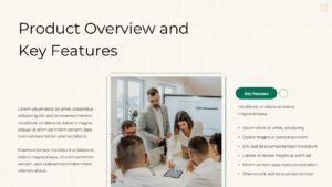 Product overview and key features slide with team collaboration image, feature list section, and clean modern pitch deck layout.