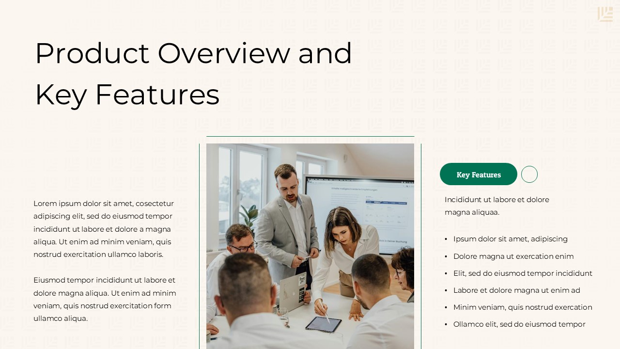Product overview and key features slide with team collaboration image, feature list section, and clean modern pitch deck layout.