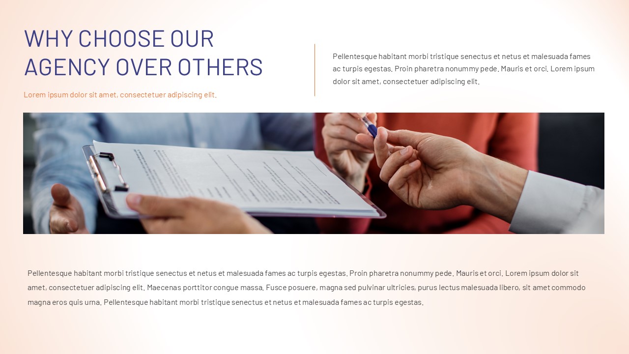 Insurance comparison slide showing a close-up of clients reviewing and signing an insurance document, highlighting trust, service quality, and professional consultation.