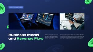 Investor pitch deck slide presenting business model and revenue flow with financial charts, trading dashboards, mobile analytics visuals, and dark blue finance-themed background.
