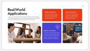 Startup pitch slide illustrating real-world applications with team collaboration photos, use case content cards, and a clean professional layout.