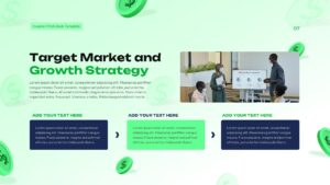 Investor pitch deck slide showing target market and growth strategy with strategy flow boxes, team presentation image, and green finance-themed background.