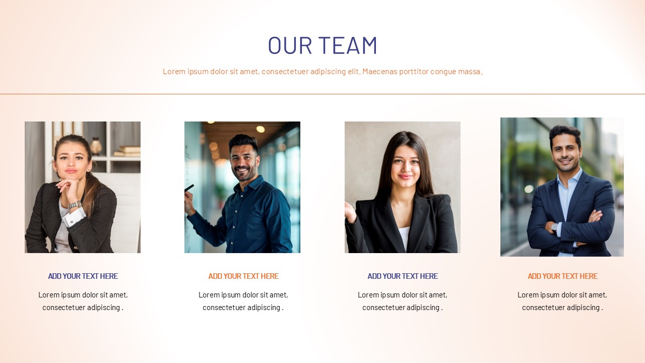 Our team slide showing four professional team member portraits arranged in a clean row layout with names and brief role descriptions below each photo.