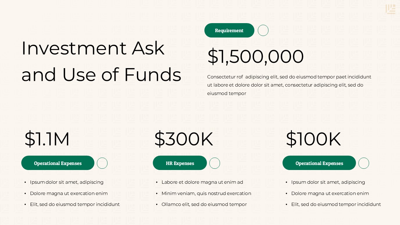 Investment ask and use of funds slide showing total funding requirement, budget breakdown amounts, and expense categories in a clean pitch deck layout.