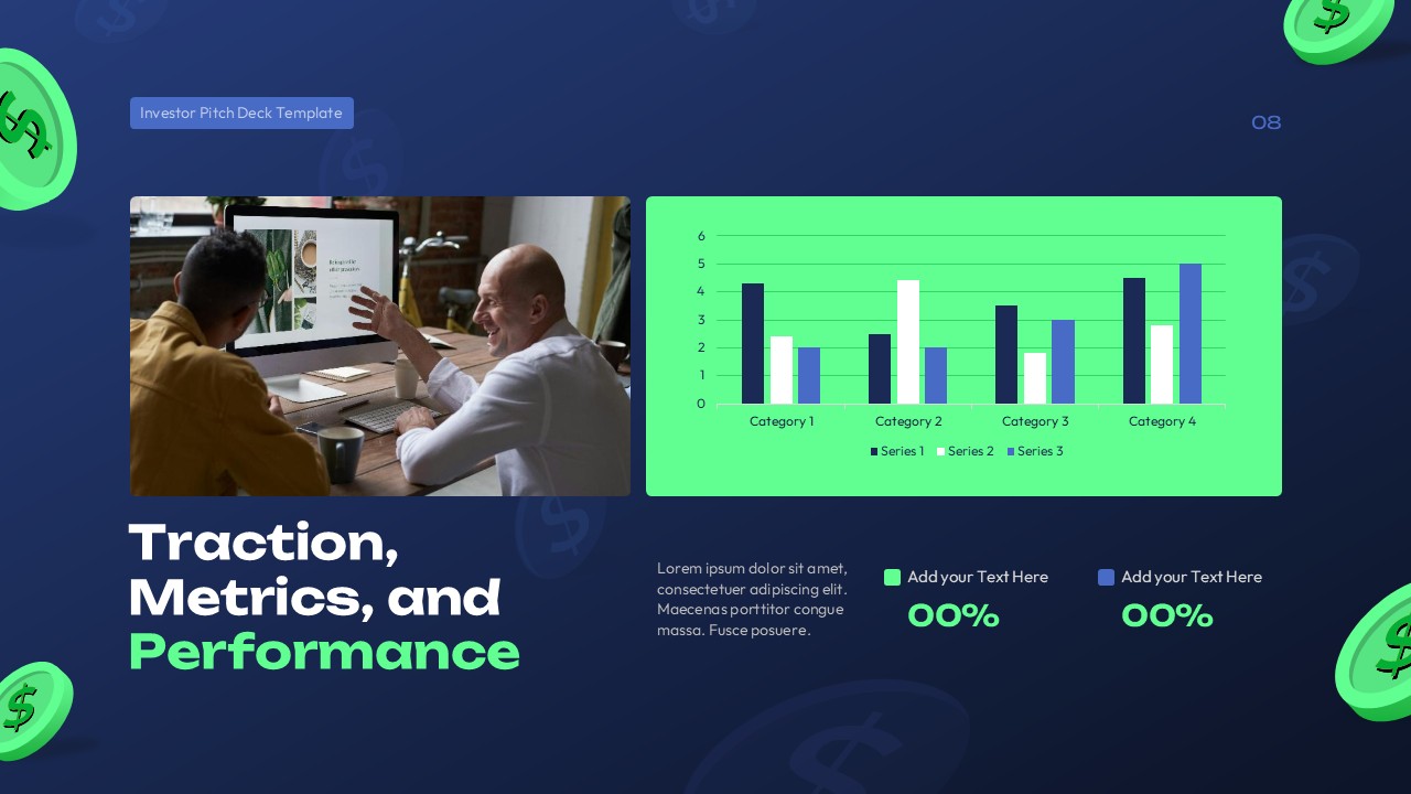 Investor pitch deck slide displaying traction, metrics, and performance with bar chart analytics, team discussion image, KPI percentages, and dark blue finance-themed background.