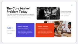 Startup Pitch Deck Cover Presentation slide highlighting the core market problem today, featuring a modern layout with team collaboration images, statistic blocks, colorful content cards, and clean rounded borders.