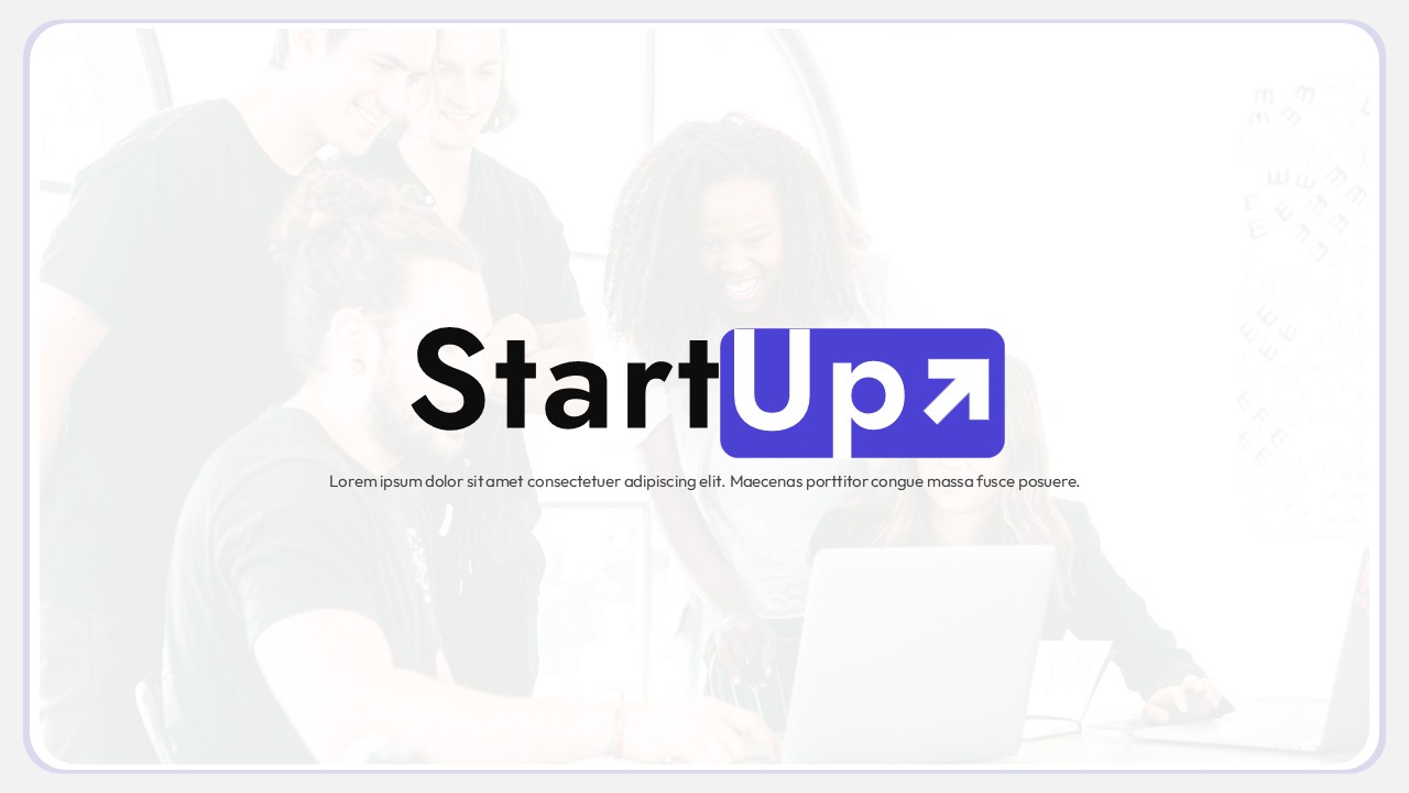 Startup presentation cover slide with bold title, upward arrow icon, and modern team background image.