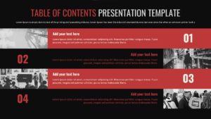 Table of contents slide with four numbered sections, text descriptions, and image placeholders in a clean structured layout.