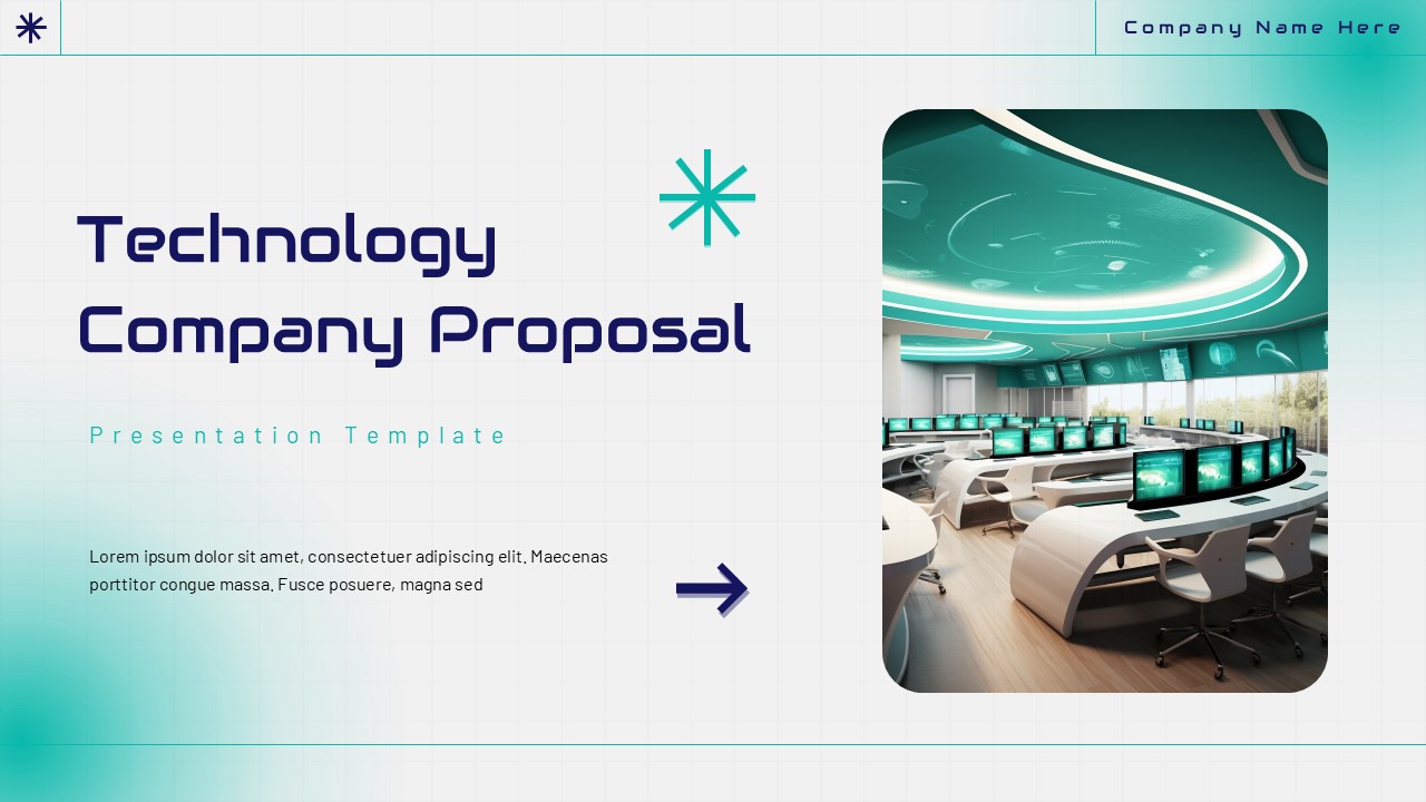 Technology company proposal cover slide with modern workspace image, teal accents, bold title text, and clean professional layout.