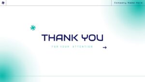 Thank you slide with bold centered text, teal gradient accents, minimal modern design, and clean closing layout for a technology presentation.