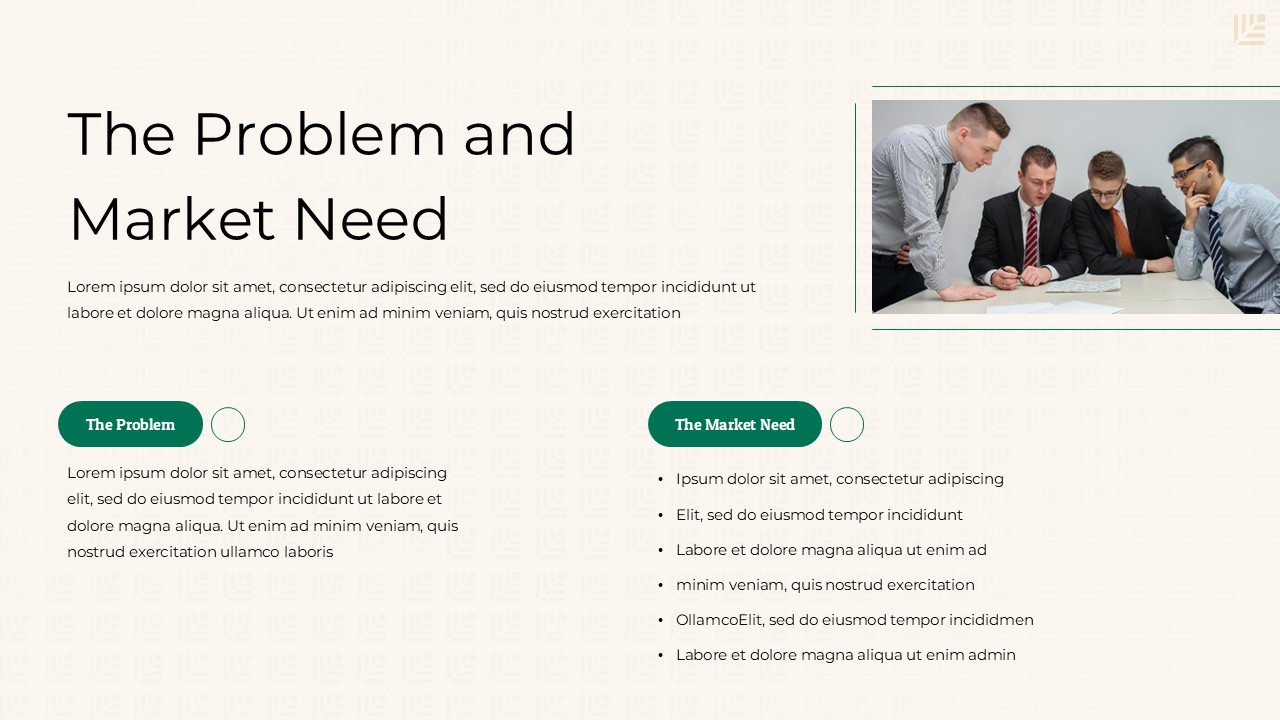 Minimal beige pitch deck slide outlining the problem and market need, with sectioned text blocks, bullet points, green accent labels, and a business team discussion image.