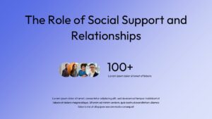 Mental health presentation slide illustrating the role of social support and relationships with gradient background, headline text, and diverse people icons.