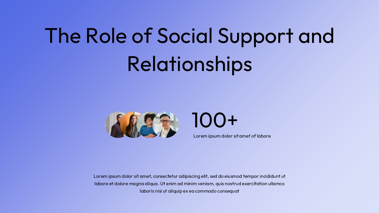 Mental health presentation slide illustrating the role of social support and relationships with gradient background, headline text, and diverse people icons.