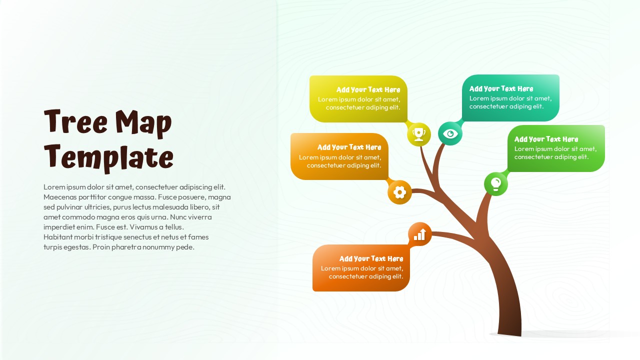 Tree map diagram slide with a branching tree layout and multiple colored text boxes for structured data presentation.