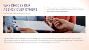 Insurance Agency Presentation Template slide explaining why to choose the agency over others, featuring a close-up of document signing, clean typography, comparison-focused messaging, and a professional minimalist layout.