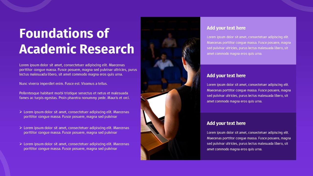 Academic Lecture Presentation slide showing foundations of academic research with text sections, bullet points, and a lecturer addressing students in a lecture hall