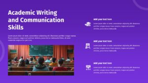 Academic Lecture Presentation slide on academic writing and communication skills with lecture hall imagery, text sections, and skill-focused icons