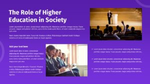 Academic Lecture Presentation slide illustrating the role of higher education in society with lecturer speaking on stage, students listening, and structured text sections