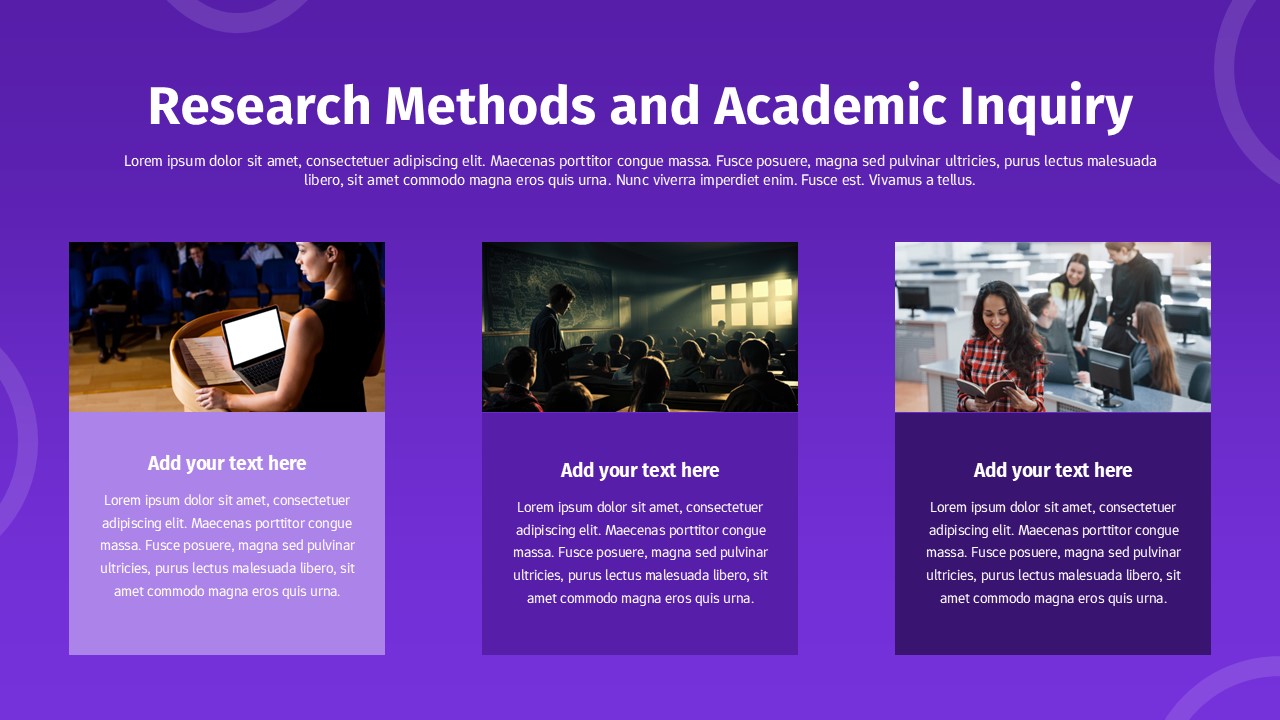 Academic Lecture Presentation slide on research methods and academic inquiry with three content cards, classroom research imagery, and structured text blocks