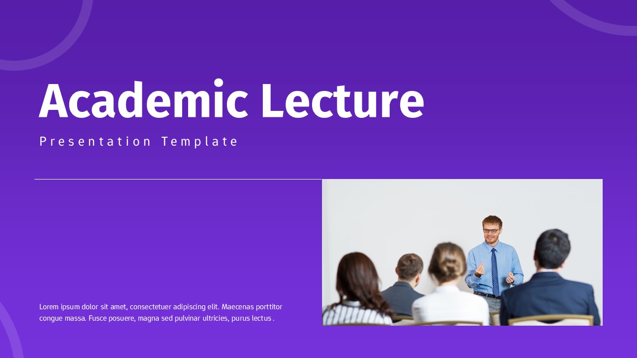 Academic Lecture Presentation cover slide with purple background, large title text, and lecturer presenting to students in a classroom setting