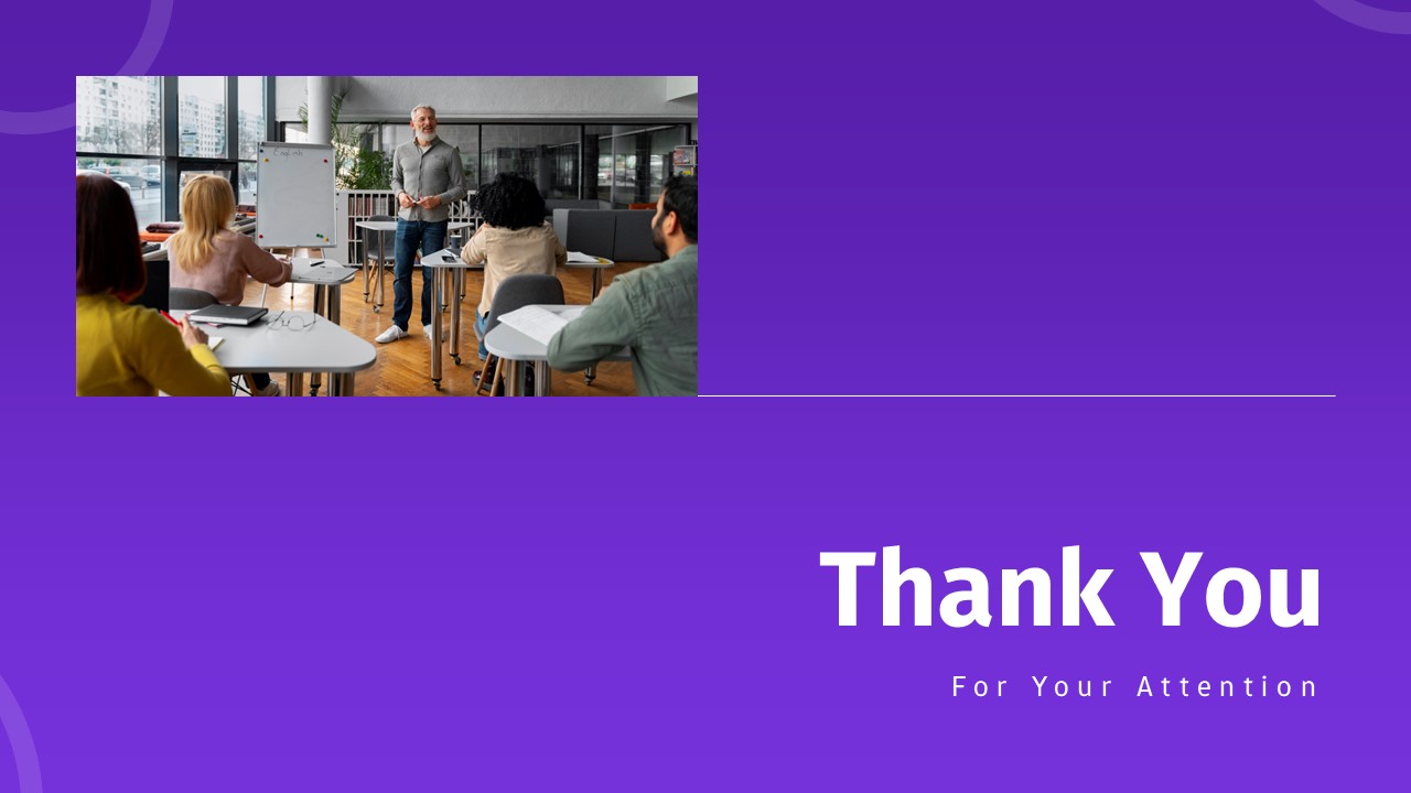 Academic Lecture Presentation thank you slide with purple background, presenter addressing a classroom, and closing message for audience attention