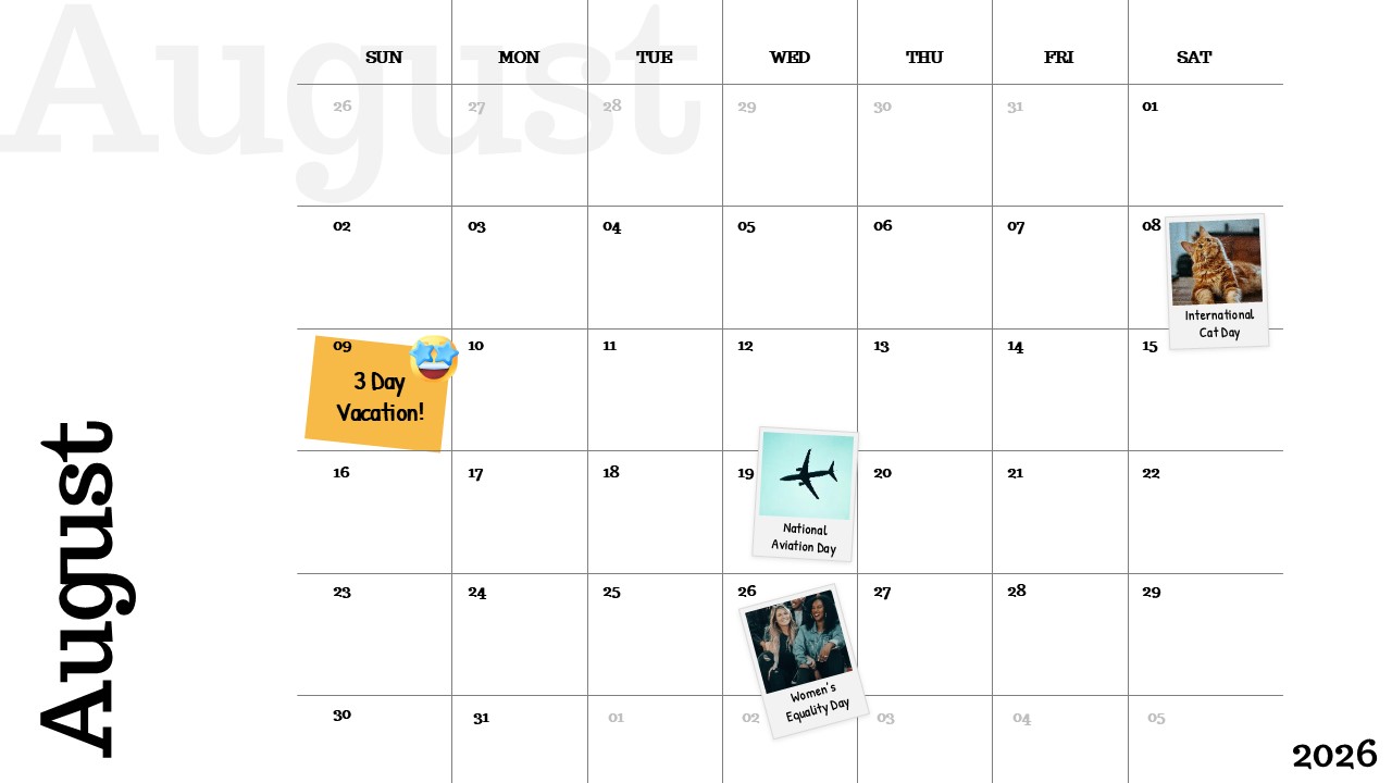 August 2026 calendar slide with clean grid layout, weekday headers, and highlighted holidays and event notes in a minimal presentation design.