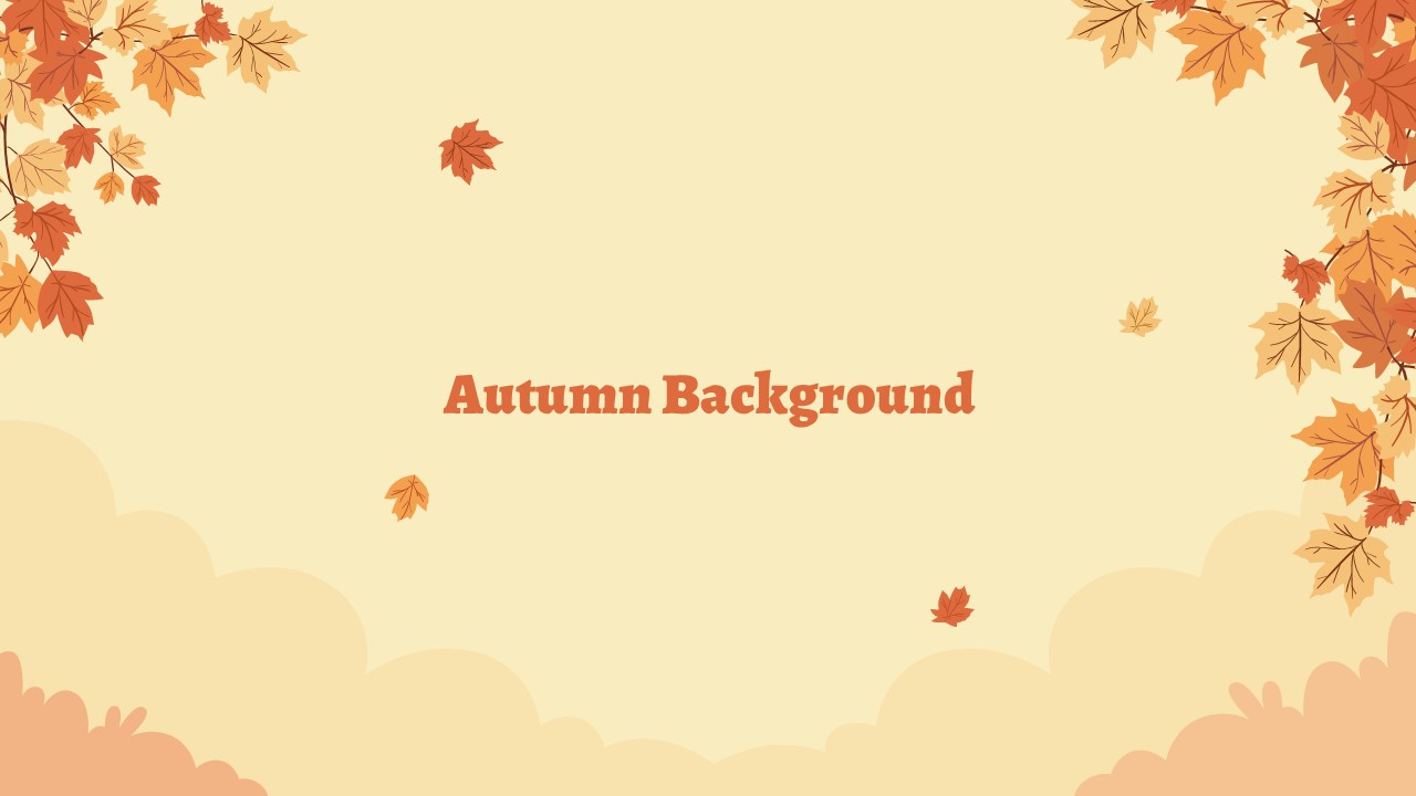 Autumn presentation background with falling leaves, soft clouds, and a warm beige center layout for text.