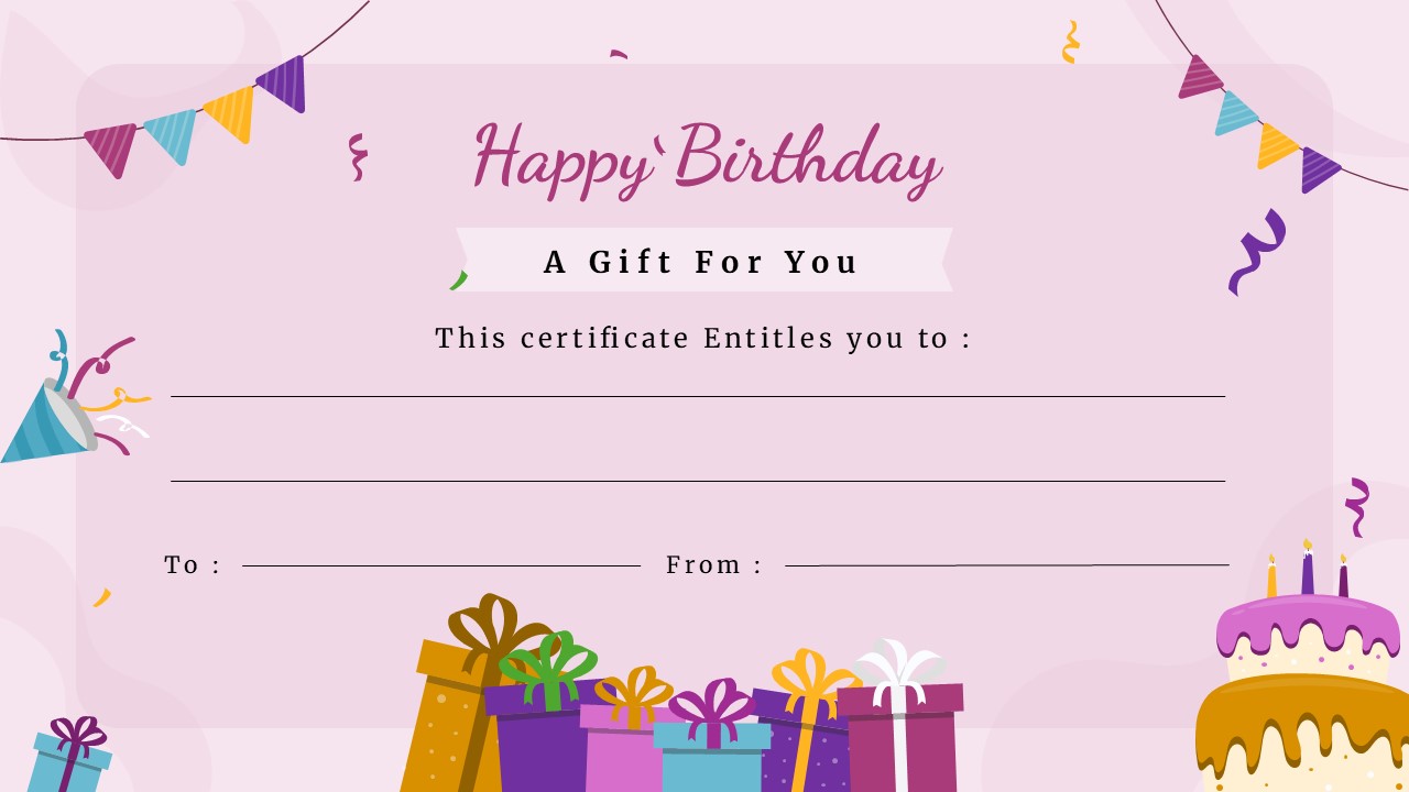 Birthday gift certificate slide with pastel background, gift boxes, cake illustration, confetti, and editable text fields.