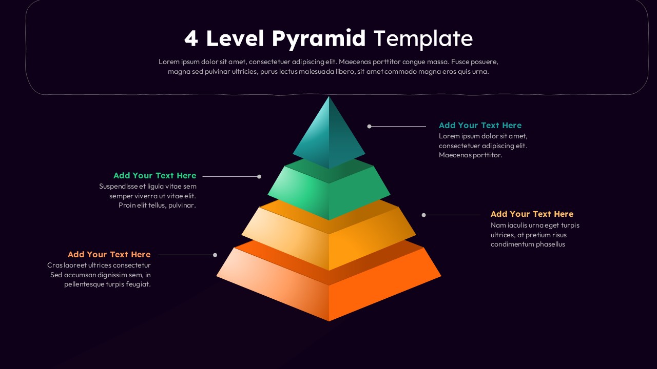 Black Four level 3D pyramid diagram with gradient layers, connector lines, and text areas on a clean white background.