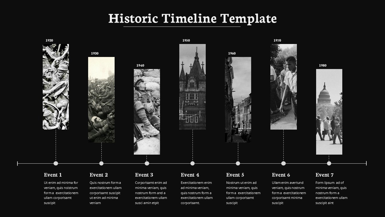 Black Historic timeline slide with horizontal axis, dated milestones, vertical photo panels, and event descriptions.