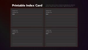 Black Printable index card slide with four lined note cards featuring subject, main idea, and notes sections.