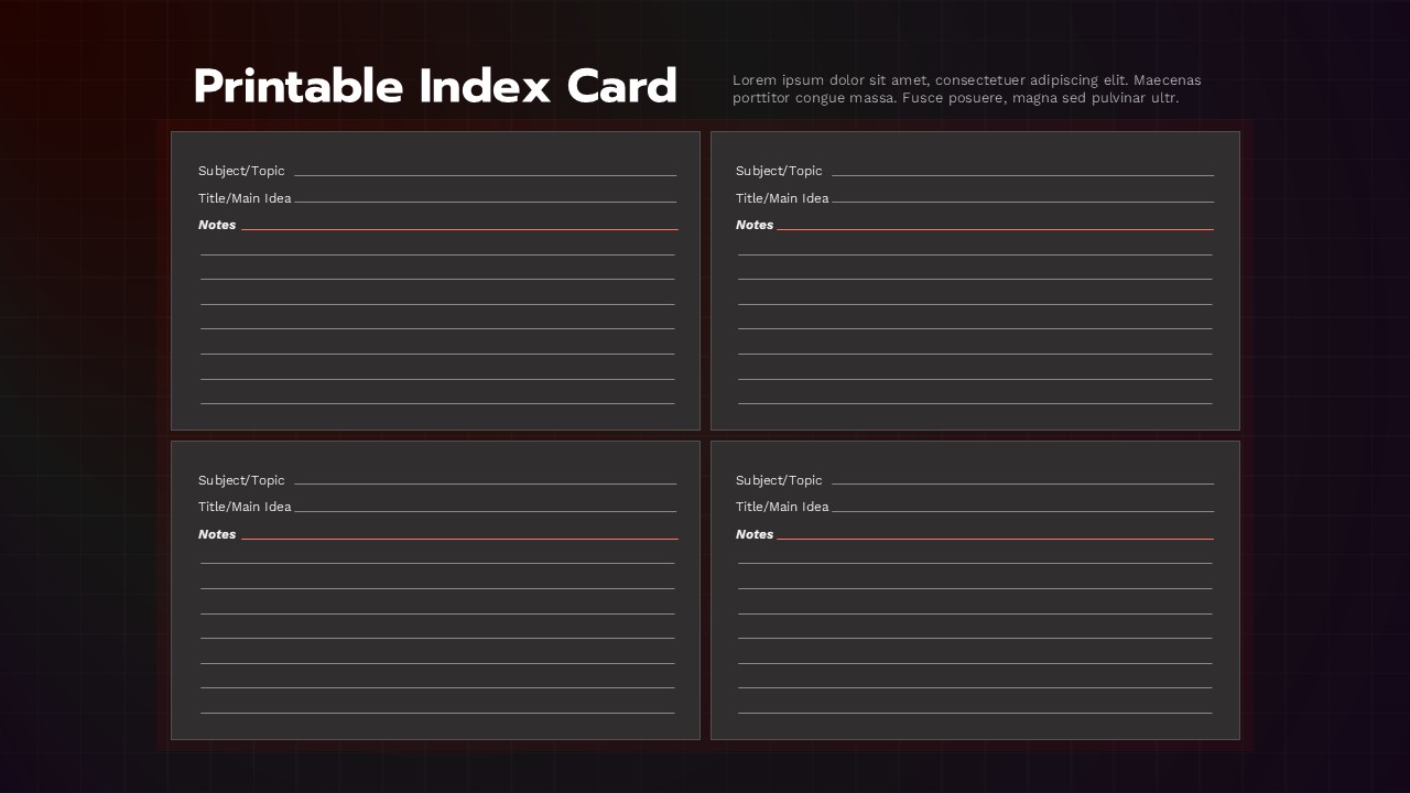 Black Printable index card slide with four lined note cards featuring subject, main idea, and notes sections.