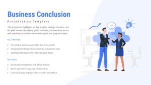Business conclusion slide with key takeaways and next steps layout, blue corporate design, and teamwork illustration.