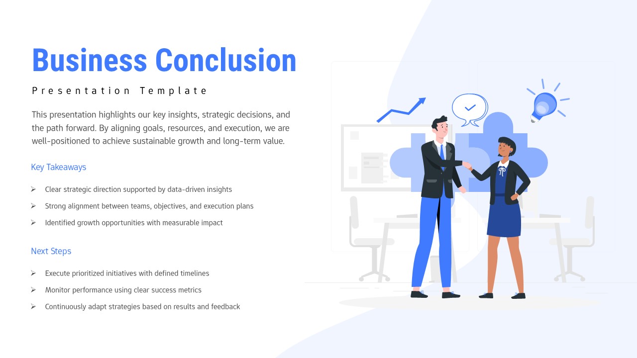 Business conclusion slide with key takeaways and next steps layout, blue corporate design, and teamwork illustration.