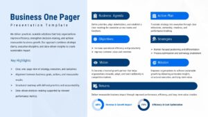Business one pager slide with agenda, objectives, strategies, vision, mission, and return metrics in a clean layout.