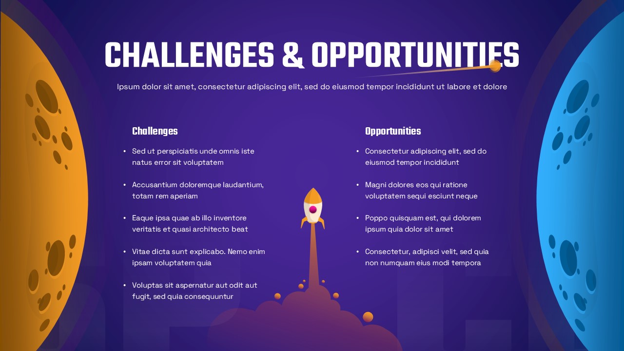 Space Theme Presentation slide showing challenges and opportunities with two-column layout, rocket illustration in the center, and colorful planet shapes on a purple background.