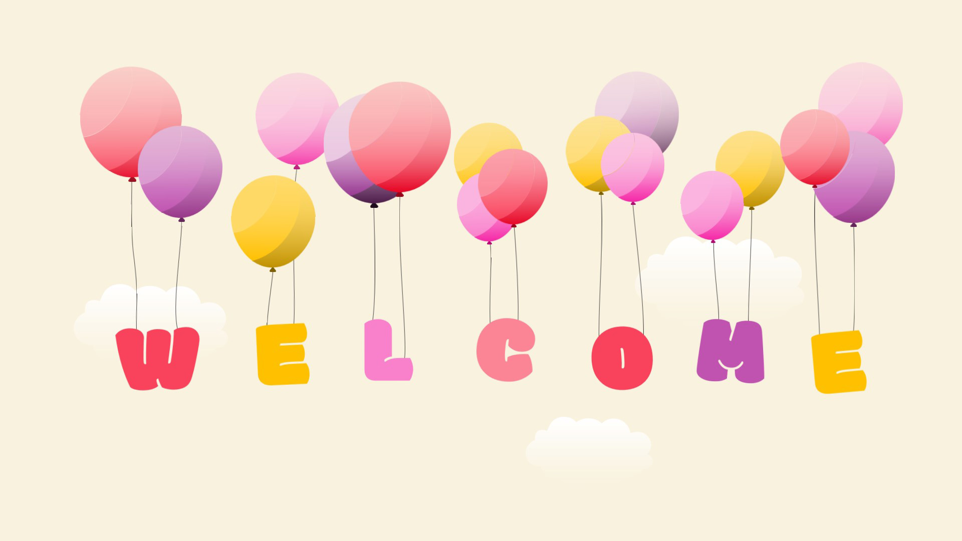 Welcome slide design with colorful balloons hanging letters spelling welcome on a light background.