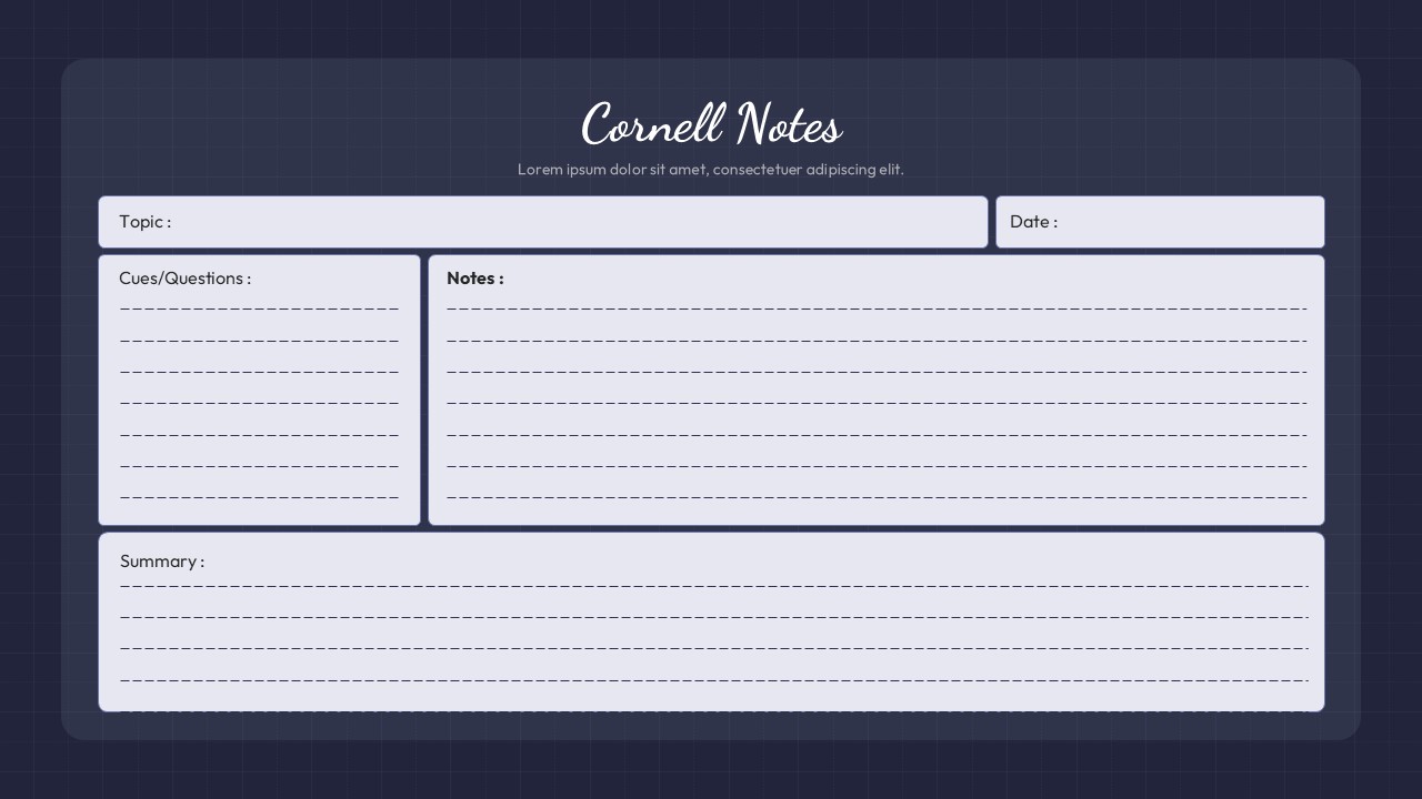 Cornell Notes slide layout with sections for topic, cues, notes, and summary on a dark blue background.