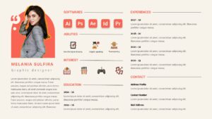 Vertical graphic designer resume slide with profile photo, skills icons, experience timeline, and contact sections.