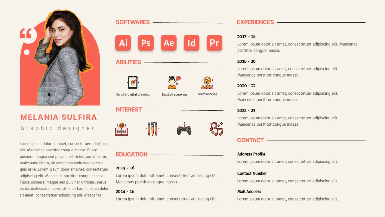 Vertical graphic designer resume slide with profile photo, skills icons, experience timeline, and contact sections.