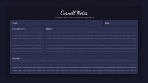 Dark Cornell Notes slide layout with sections for topic, cues, notes, and summary on a dark blue background.