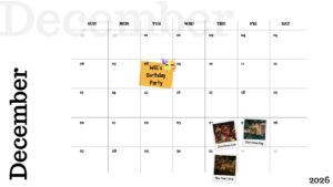 December 2026 calendar slide with clean grid layout, weekday headers, and highlighted holidays and personal events in a minimal presentation design.