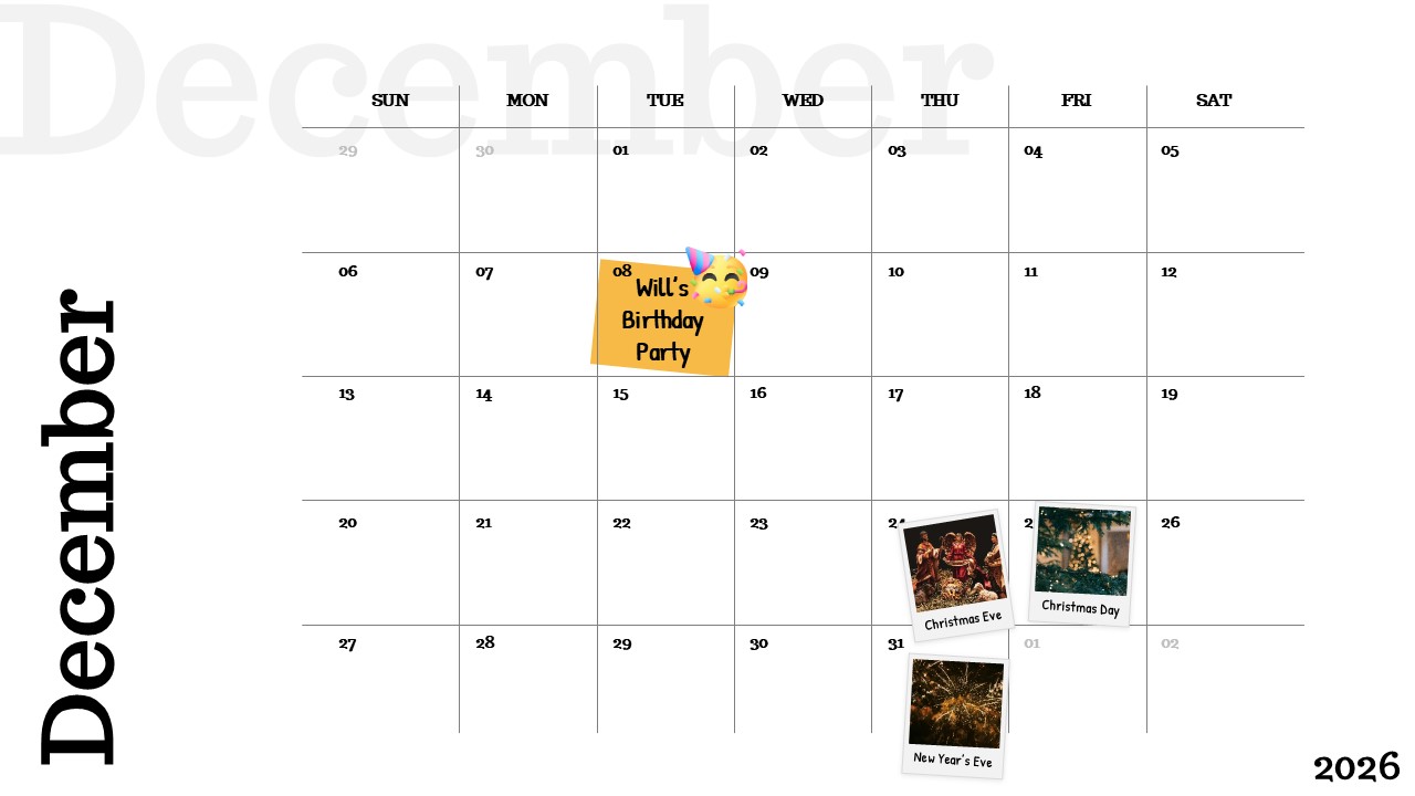 December 2026 calendar slide with clean grid layout, weekday headers, and highlighted holidays and personal events in a minimal presentation design.
