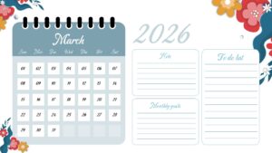new Floral monthly planner calendar slide with date grid, notes, to-do list, and monthly goals sections on a blue background.
