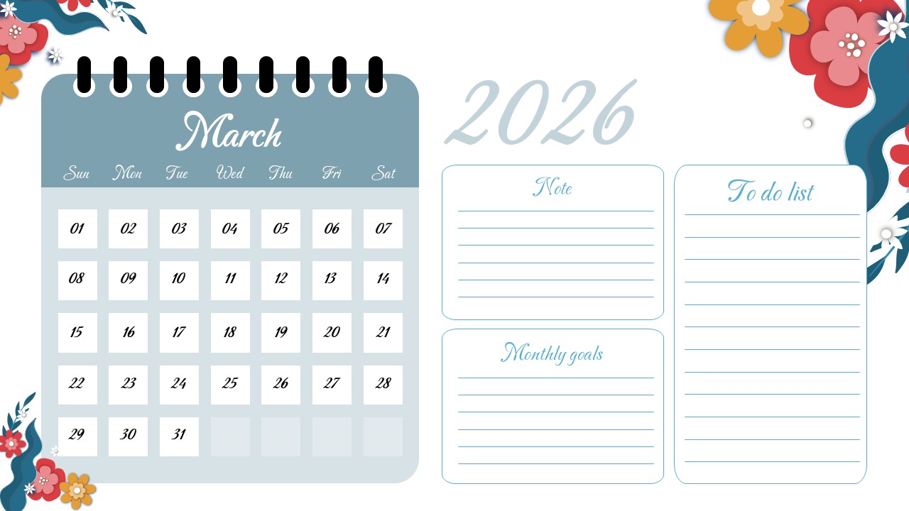 new Floral monthly planner calendar slide with date grid, notes, to-do list, and monthly goals sections on a blue background.